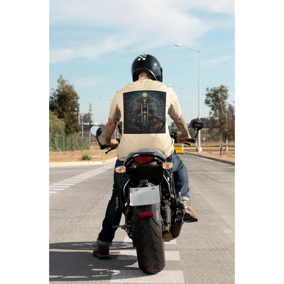 Motorcyclist in a vest rides on a road wearing Off-White Rider’s Half Sleeve T-shirt