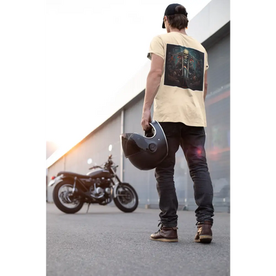 Motorcyclist with helmet near parked motorcycle in Off-white Rider’s Half Sleeve T-shirt