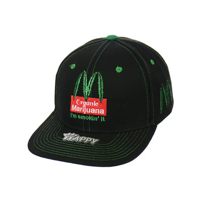 Black baseball cap with green stitching and organic leaf embroidered fast-food marijuana logo patch