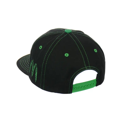 Black organic leaf embroidered snapback hat with green stitching and snap closure