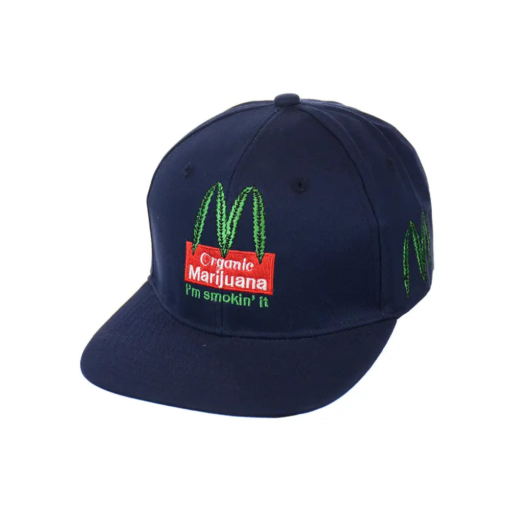 Navy blue organic leaf embroidered snapback hat with green red marijuana parody logo