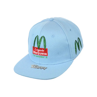 Light blue organic leaf embroidered snapback hat with parody fast food marijuana logo