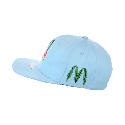 Light blue organic leaf embroidered snapback hat with green M logo and adjustable strap