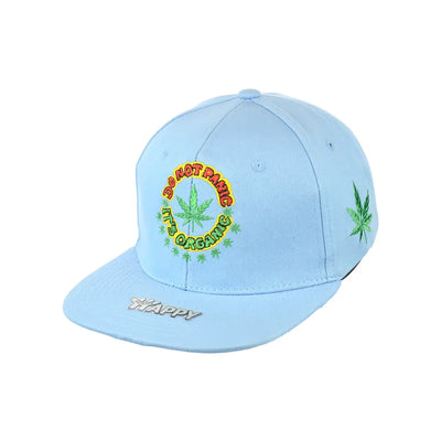 Light blue panic leaf embroidered snapback hat with marijuana leaf logos and text