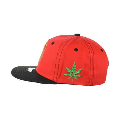 Red baseball cap with panic leaf embroidered emblem, leaf embroidered snapback hat for confident adventures