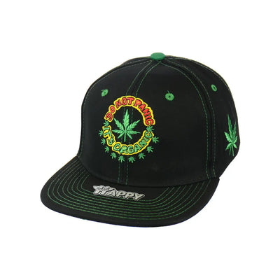 Black baseball cap with green Panic Leaf embroidered logo, leaf embroidered snapback hat