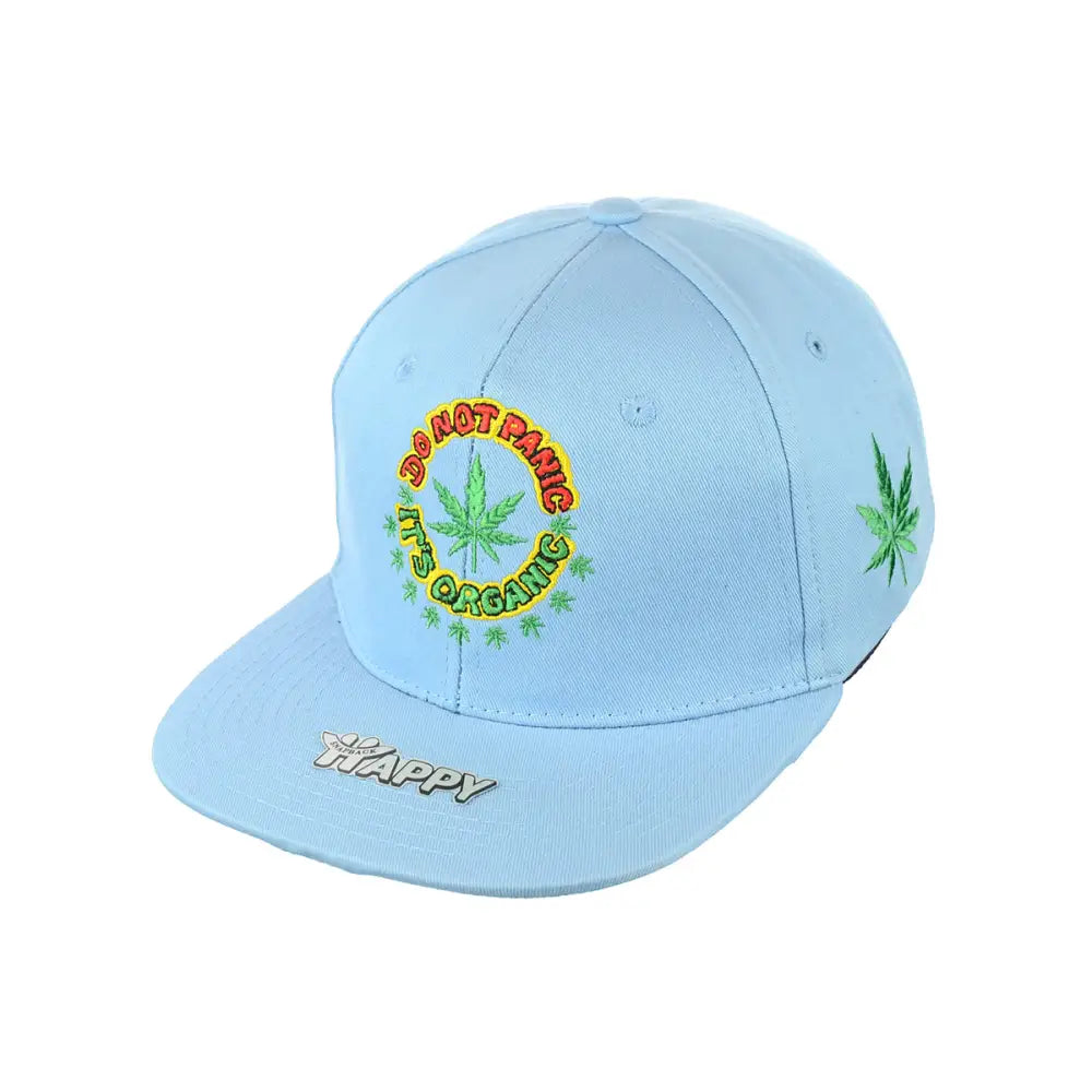 Light blue panic leaf embroidered snapback hat with marijuana leaf designs and text