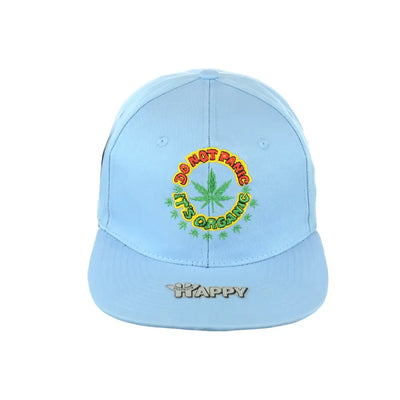 Light blue panic leaf embroidered snapback hat with marijuana leaf and HAPPY on brim