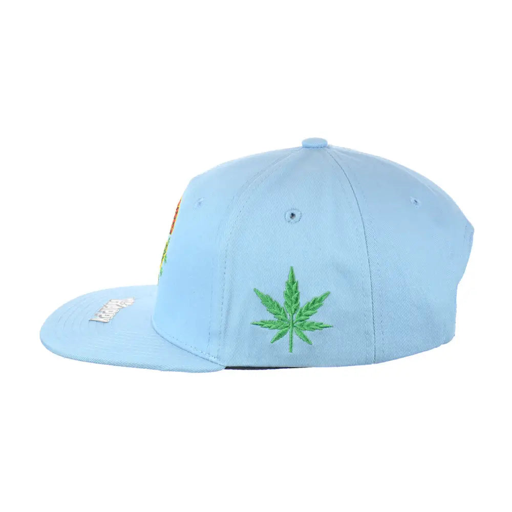 Light blue baseball cap with panic leaf embroidered and green marijuana leaf on side