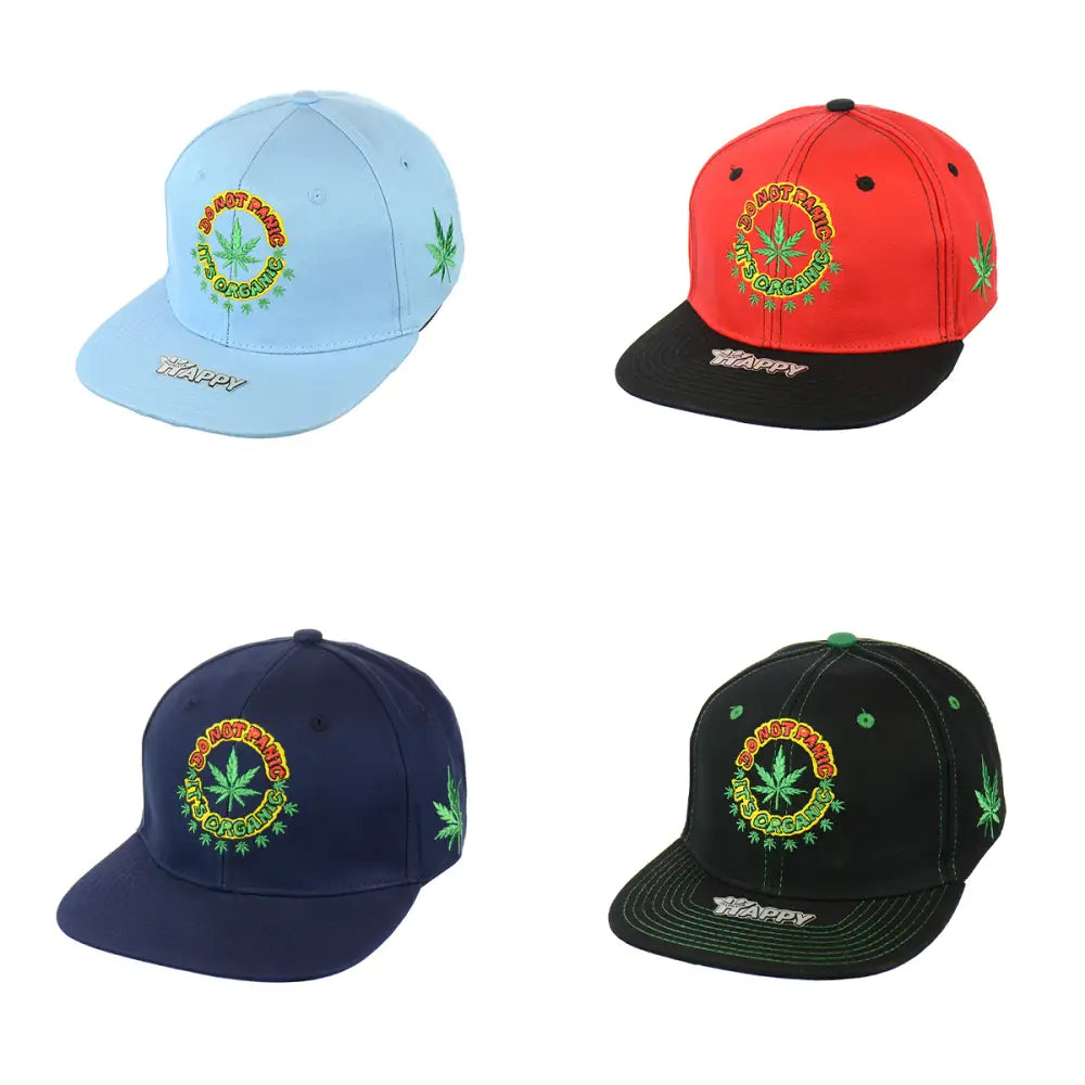 Four panic leaf embroidered snapback hats with colorful cannabis leaf logos