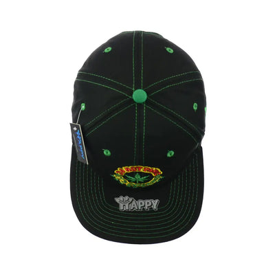 Black baseball cap with green accents and colorful Panic Leaf Embroidered logo, leaf embroidered snapback hat