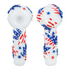 Patriotic Hemp Leaf Glass Spoon Pipe with red, white, blue American flag patterns and Glow Accents