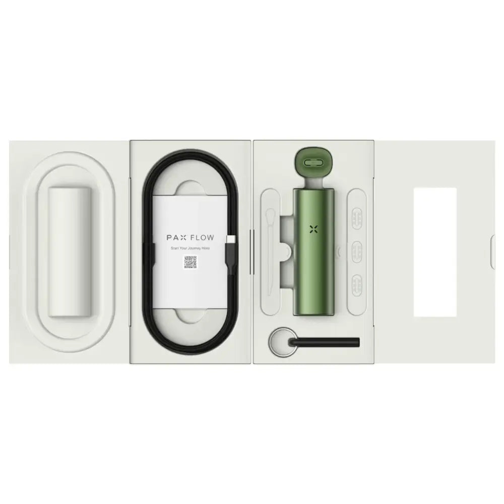 Green Pax Flow vaporizer with hybrid heating and oven door in open white box