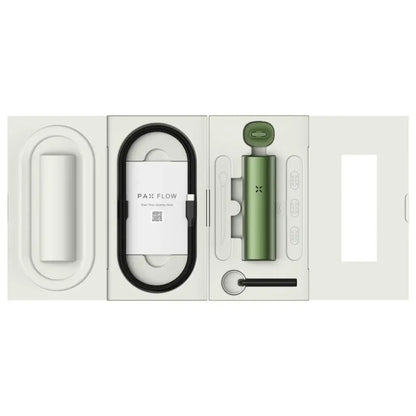Green Pax Flow vaporizer with hybrid heating and oven door in open white box