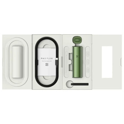 Green Pax Flow vaporizer with hybrid heating and oven door in open white box