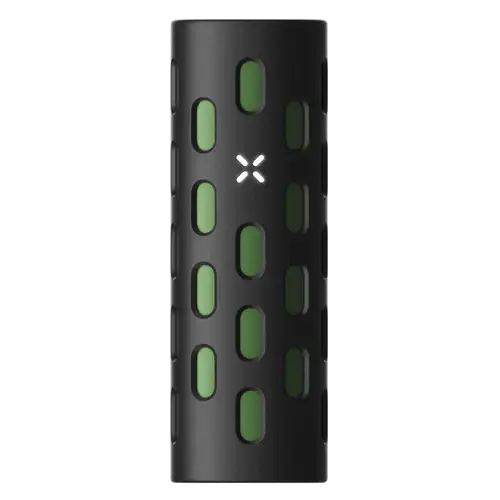 Black portable vaporizer with green internal chambers in Pax Flow Silicone Grip Sleeve