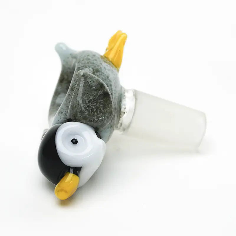 Penguin Paulie bowl piece by Empire Glassworks: gray speckled glass penguin with clear attachment