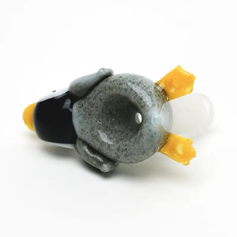 Penguin Paulie bowl piece by Empire Glassworks: speckled gray glass penguin pipe