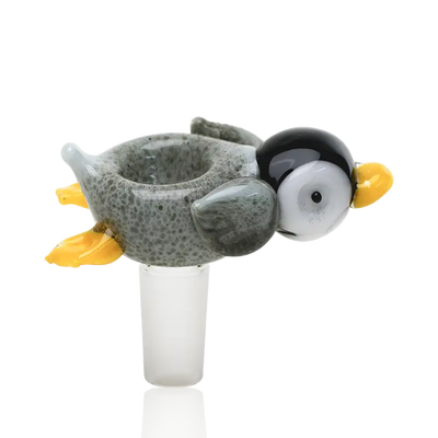 Penguin Paulie bowl piece by Empire Glassworks: translucent glass penguin with speckled gray body