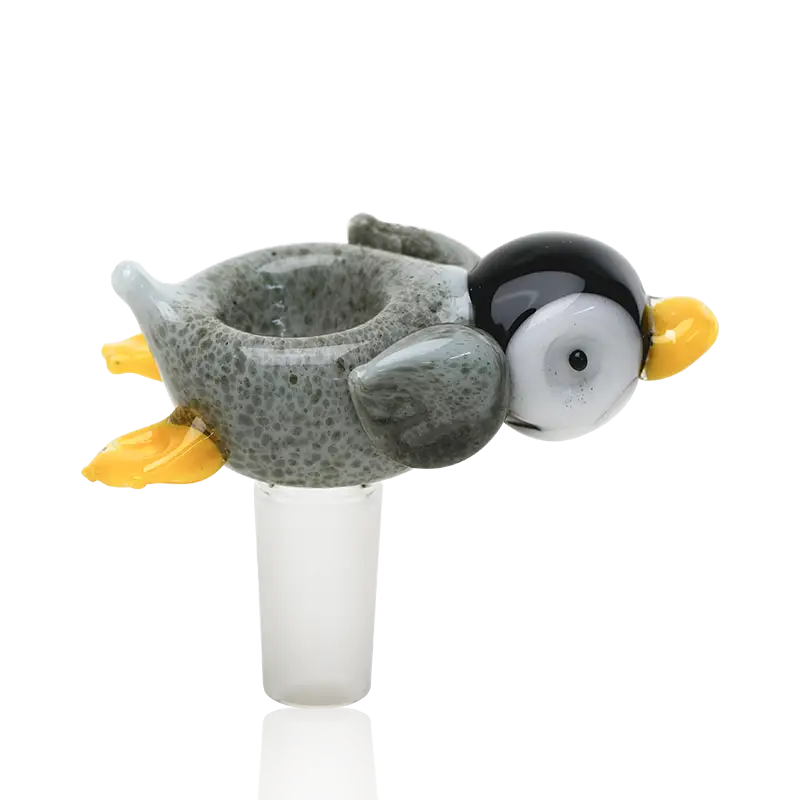 Penguin Paulie bowl piece by Empire Glassworks: translucent glass penguin with speckled gray body