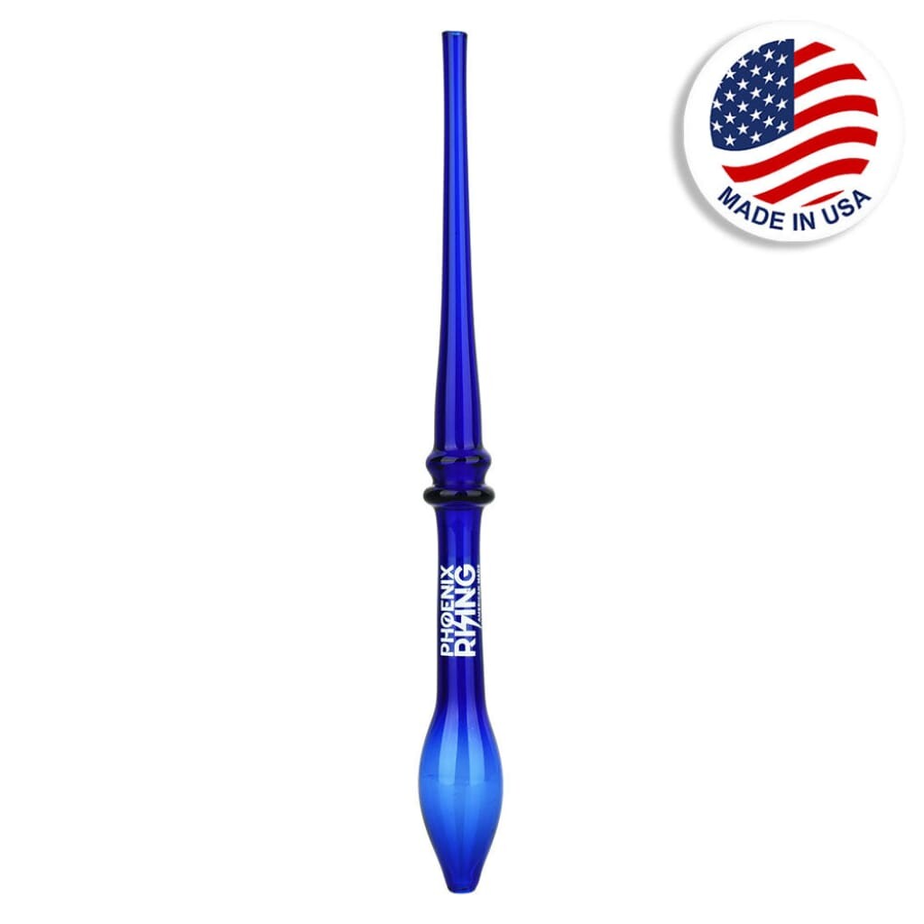 Blue glass hookah hose handle with ’RISING’ text from Phoenix Rising Monochrome Glass Dab Straw