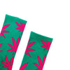 Pair of green socks featuring a bright pink cannabis leaf pattern for stylish comfort