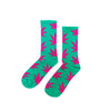 Teal socks featuring pink cannabis leaf patterns, stylish and durable cannabis leaf socks