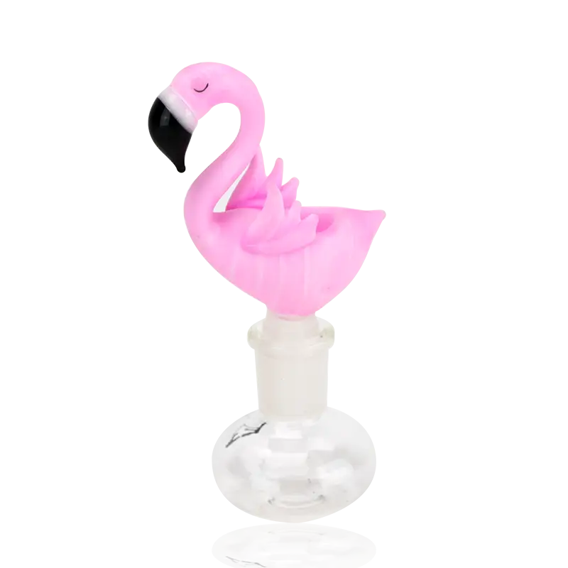 Pink flamingo bowl piece by Empire Glassworks with black beak and clear base