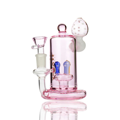 Pink glass mushroom water pipe with multiple chambers and a 14mm male bowl