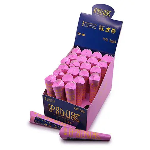 Pink pre-rolled cones Breast Cancer Org in vibrant pink gold box