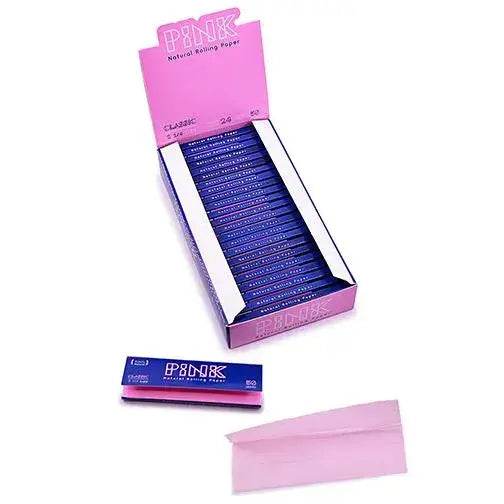 Pink rolling papers for breast cancer awareness in box with packs and sheets
