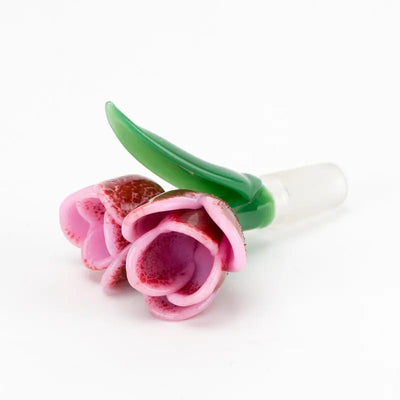 Pink tulip bowl piece by Empire Glassworks with rose and green stem
