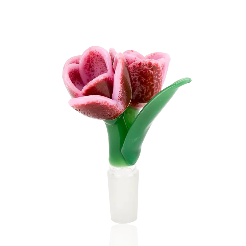 Pink tulip bowl piece by Empire Glassworks, translucent pink and red glass with green stem