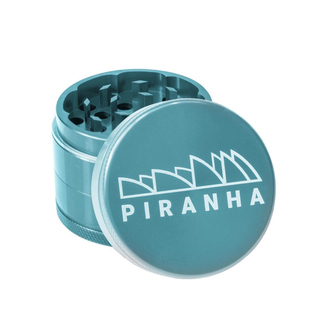 Teal Piranha Aluminum 3-piece Grinder With Razor-sharp Teeth And Piranha Branding