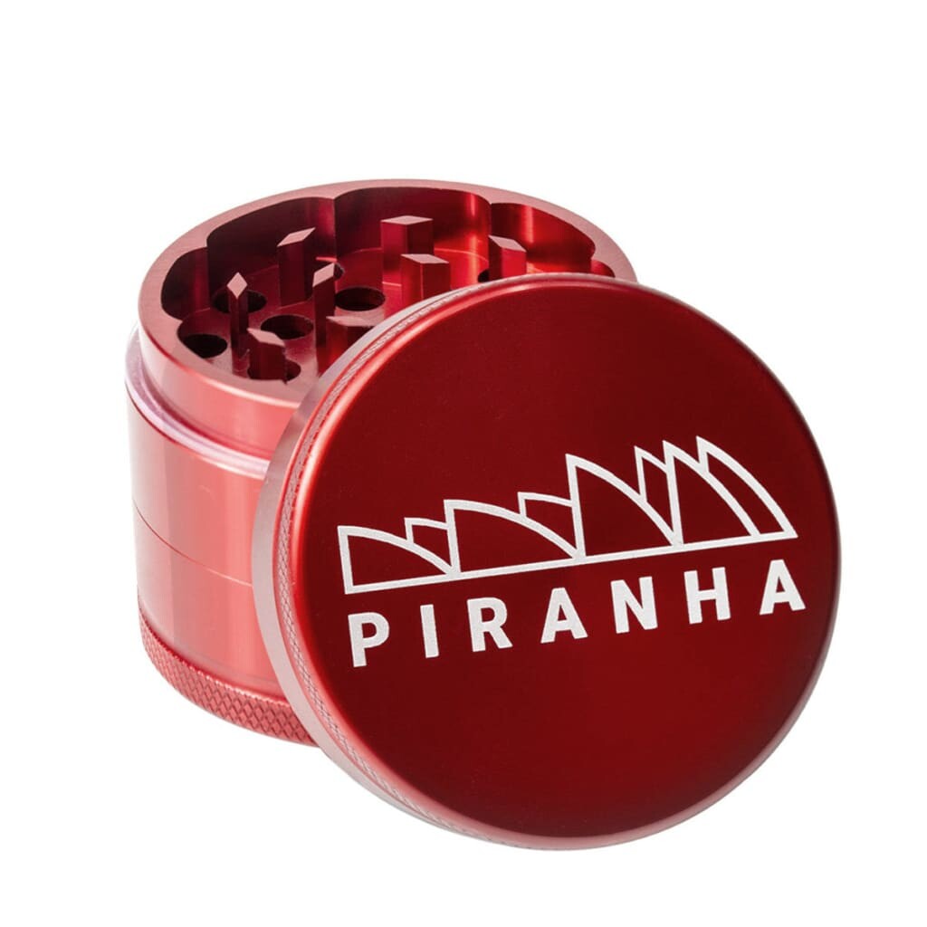 Piranha Aluminum 3-piece Grinder With Razor-sharp Teeth, Red Metal With ’piranha’ Branding