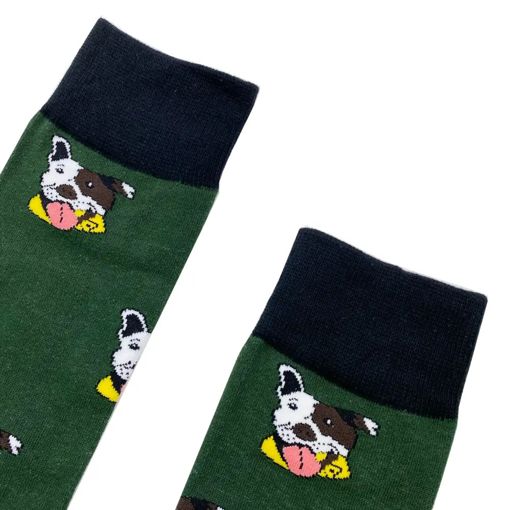 Green Pit Bull Terrier socks showcasing a fun dog pattern for stylish comfort