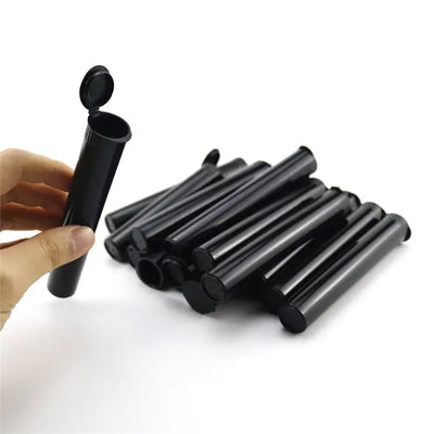 Black plastic pre roll holder tube with hinged lid, 5 pack