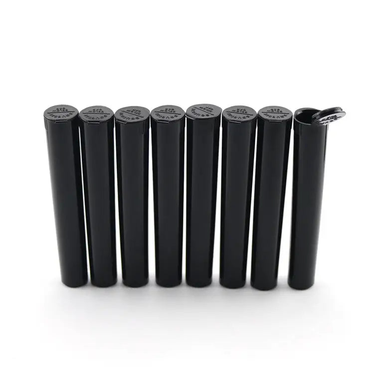 5 pack plastic pre roll holder tubes, black cylindrical with snap lids