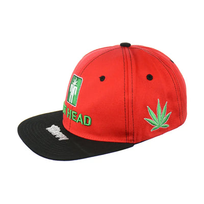 Red and black Pot Head Leaf embroidered snapback hat made of 100% cotton
