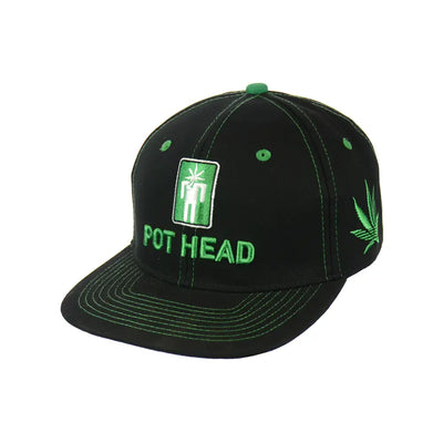 Black baseball cap with green accents, pot head leaf embroidered snapback hat