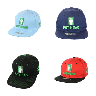 Four pot head leaf embroidered snapback hats with Pot Head text in 100% cotton