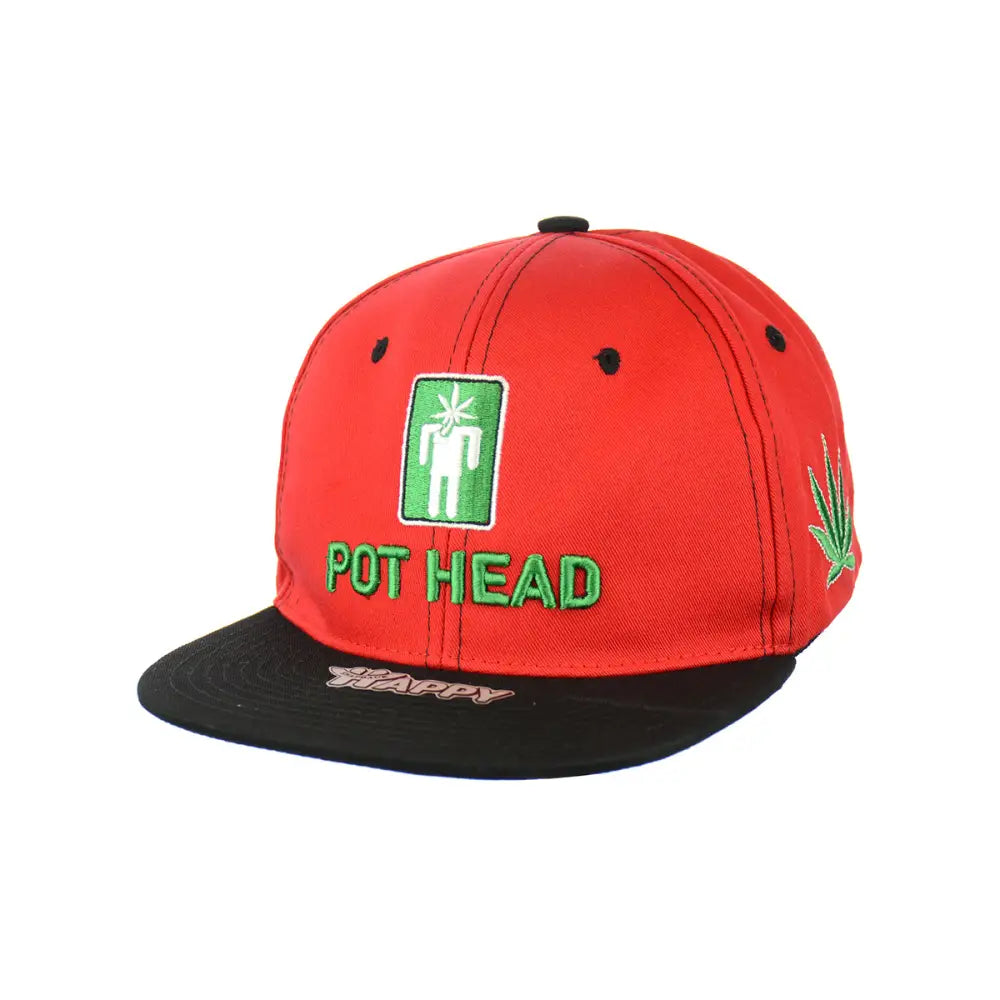 Red and black Pot Head Leaf embroidered snapback hat made from 100% cotton for comfort