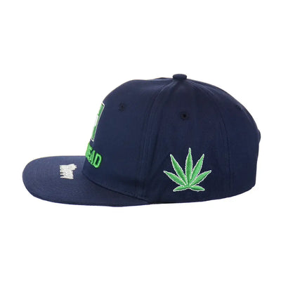 Navy blue Pot Head Leaf Embroidered Snapback Hat with leaf embroidery in 100% Cotton