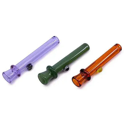 Three translucent glass chillum bat stems in purple, green, orange with black fittings