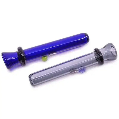 Two premium glass chillum bats: cobalt blue and gray with black accents