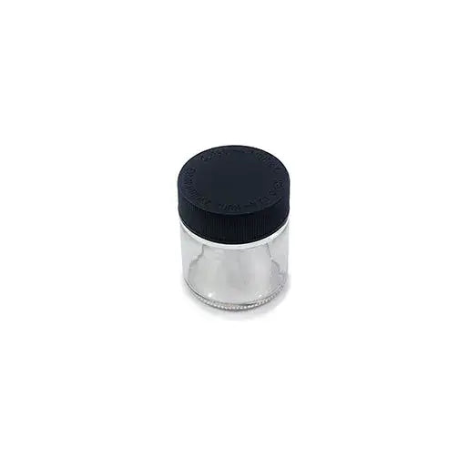 Premium glass jar smoking accessory with clear jar and black ribbed lid