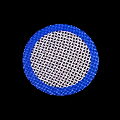 Blue silicone dab mat circle with fine grid mesh and reinforced border