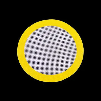 Yellow silicone dab mat with circular mesh filter and bright rim