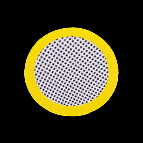 Yellow silicone dab mat with circular mesh filter and bright rim