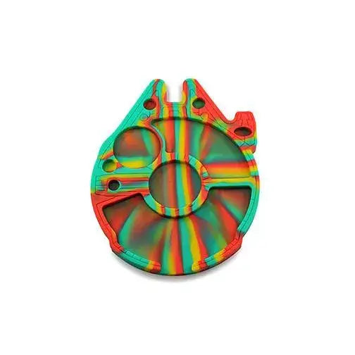 Vibrant rainbow Millennium Falcon silicone dab tray on 8x10 station